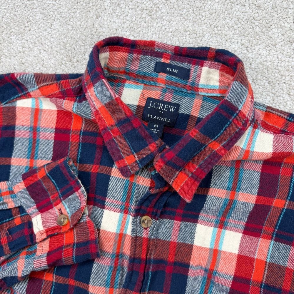 J.Crew Mens M Flannel Shirt Red Blue White Plaid Slim Fit Long Sleeve Button Up